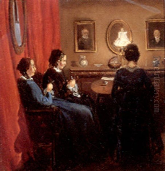 Interior Med To Strikkende Damer Og En Dame Siddende Ved Et Bord Med Ryggen Til, Lampelys Oil Painting by Viggo Christian Frederick Pedersen