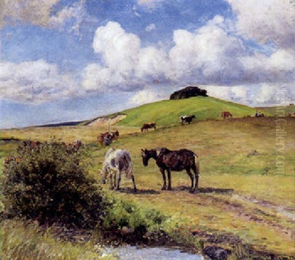 Bakket Landskap Med Graessende Heste Og Koer Oil Painting by Viggo Christian Frederick Pedersen