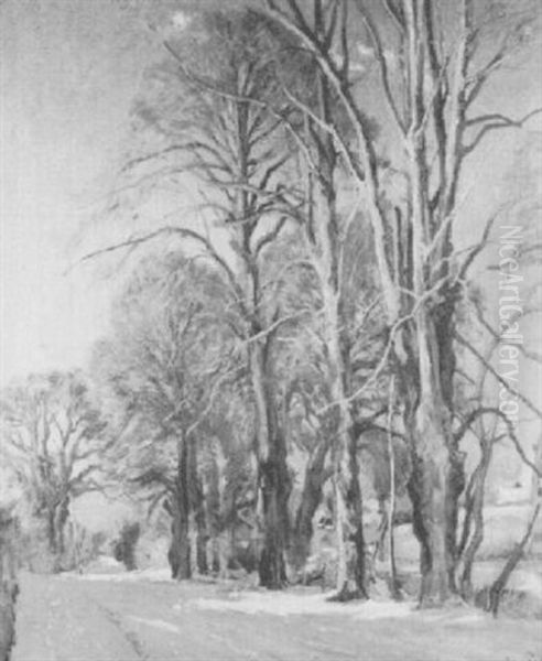 A Tree Lined Country Road In Winter Oil Painting by Viggo Christian Frederick Pedersen