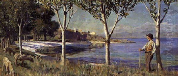 Italiensk Kystparti Med En Farehyrde Der Hviler Sig Op Ad Et Trae Oil Painting by Viggo Christian Frederick Pedersen