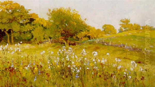 Dansk Sommerlandskab, I Forgrunden Blomster Oil Painting by Viggo Christian Frederick Pedersen