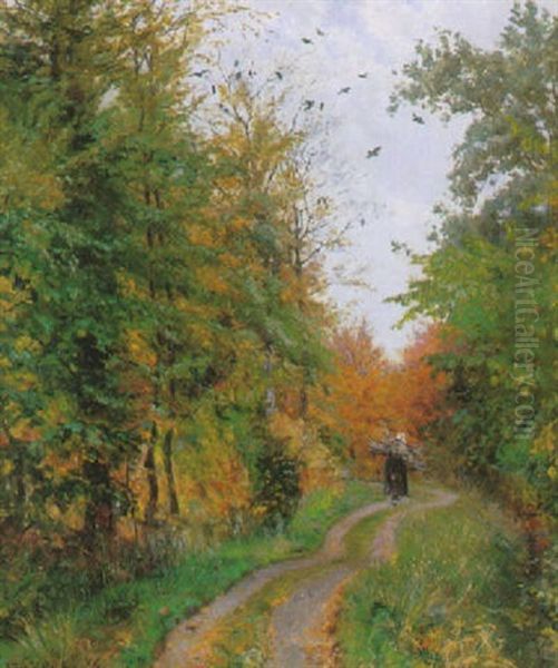Skovsti Med Braendesamlerske Oil Painting by Viggo Christian Frederick Pedersen