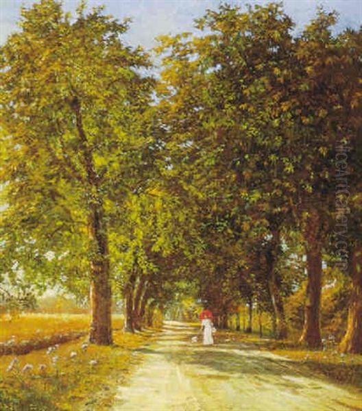 Kvinder I Lang Hvid Kjole Og Paraply Spadserende Ned Af Alle Med Sin Hund En Sommerdag Oil Painting by Viggo Christian Frederick Pedersen