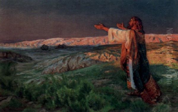 Isaac Greets Rebecca In The Distance Oil Painting by Viggo Christian Frederick Pedersen