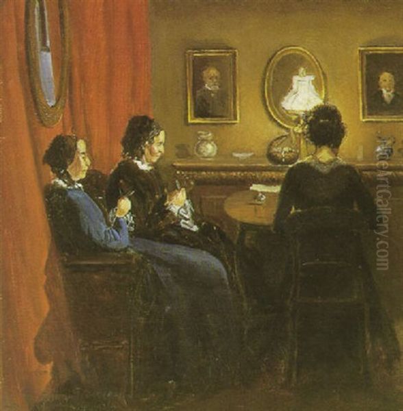 Stueinterior Med Strikkende Kvinder Omkring Et Bord Oil Painting by Viggo Christian Frederick Pedersen