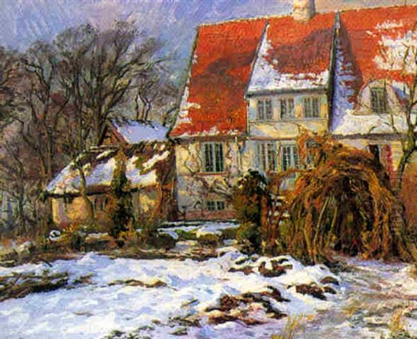 Sneen Smaelter I Haven Oil Painting by Viggo Christian Frederick Pedersen