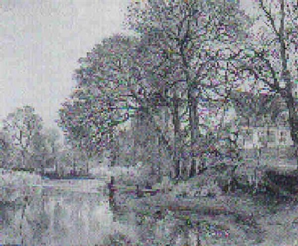 Efterarslandskab Med Huse, I Forgrunden Aender Ved Branddam Oil Painting by Viggo Christian Frederick Pedersen