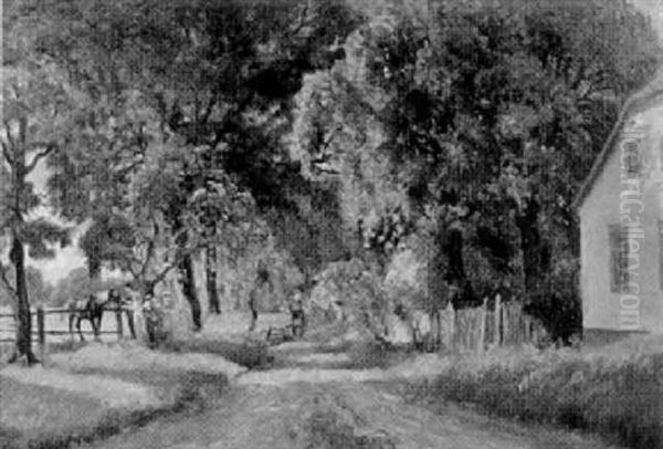 Hus I Lummig Gronska Samt Figurer Vid Hast Oil Painting by Viggo Christian Frederick Pedersen