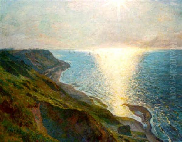 A Sunlit Coast Oil Painting by Viggo Christian Frederick Pedersen