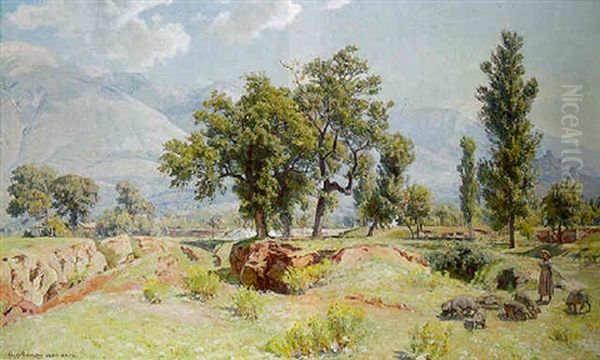 A Young Girl With Her Pigs In An Italianate Landscape Oil Painting by Viggo Christian Frederick Pedersen
