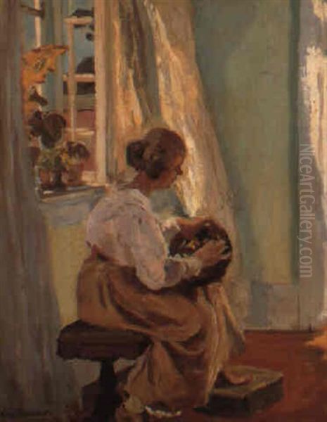 Interior Med Ung Pige, Der Syr Ved Det Abne Vindue Oil Painting by Viggo Christian Frederick Pedersen