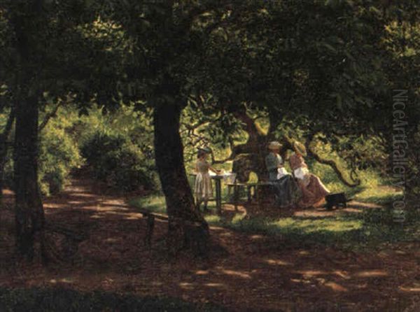 Kunstnerens Hustru, Svigerinde Og Datter En Sommerdag I Haven Ved Roskilde Oil Painting by Viggo Christian Frederick Pedersen