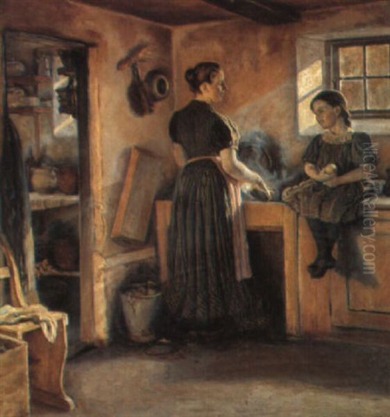 K+kkeninterior Med Mor Og Barn Oil Painting by Viggo Christian Frederick Pedersen