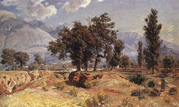 Italiensk Landskab Ved Olevano Oil Painting by Viggo Christian Frederick Pedersen