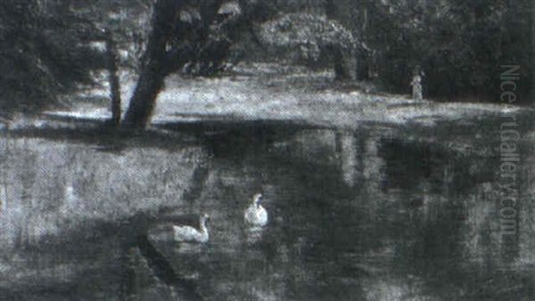 Ung Kvinde Med Parasol Gaende I Marklandskab, I Forgrunden  Svaner Oil Painting by Viggo Christian Frederick Pedersen