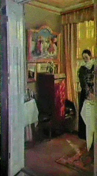 'sollys I Stuen' Interior Med Kunstnerens Hustru Oil Painting by Viggo Christian Frederick Pedersen