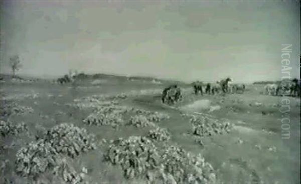 Engparti Med Blomstrende Kodrivere Og Graessende Heste Pa   Engen Oil Painting by Viggo Christian Frederick Pedersen