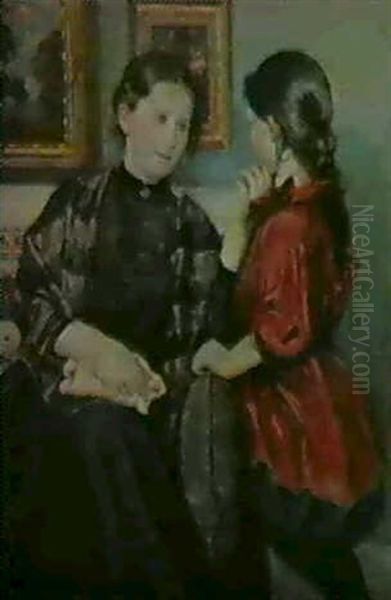 Moder Taler Med Sin Lille Pige Oil Painting by Viggo Christian Frederick Pedersen