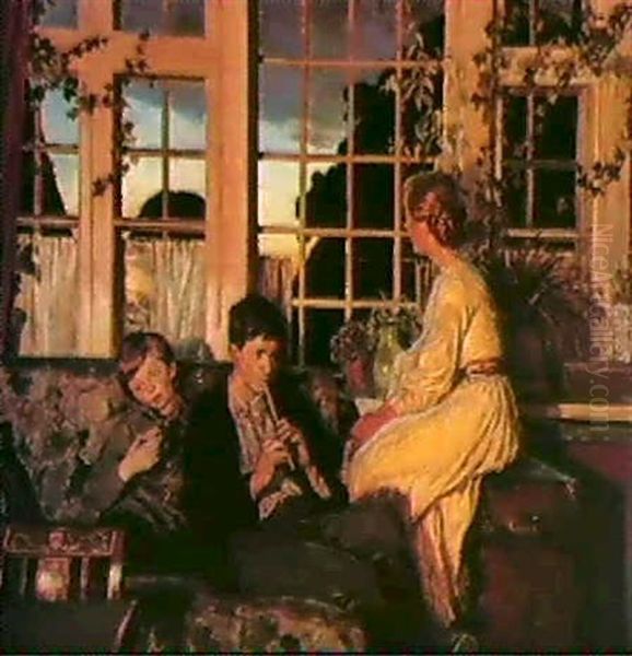 A Mother And Children By A Window At Dusk Oil Painting by Viggo Christian Frederick Pedersen