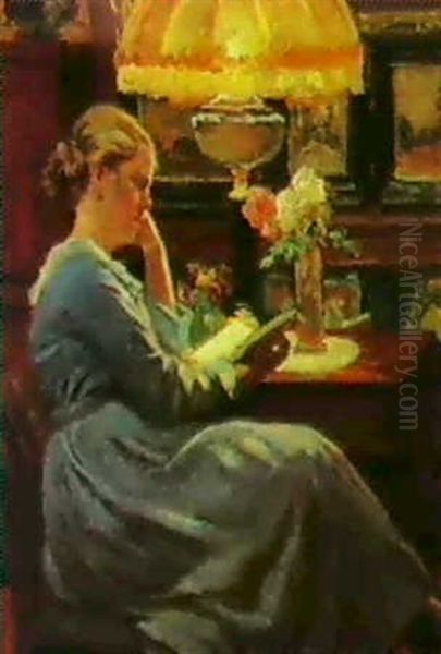 Interior Med Kunstnerens Hustru Laesende Oil Painting by Viggo Christian Frederick Pedersen