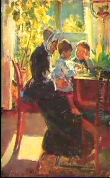 Bedstemor Leger Med Borne- Bornene Oil Painting by Viggo Christian Frederick Pedersen