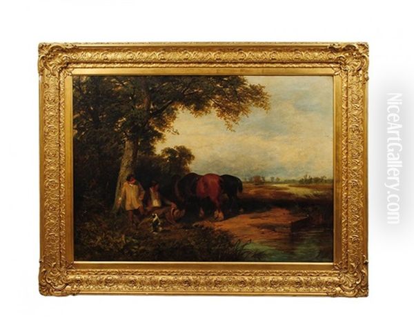 Travelers At Rest With Horses And Dog Oil Painting by James Peel