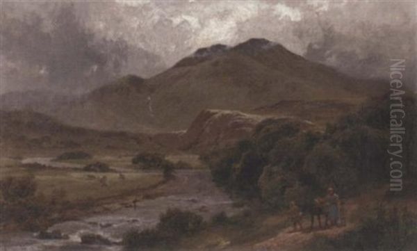 Figures On A Riverside Path, Beddgelert, North Wales Oil Painting by James Peel