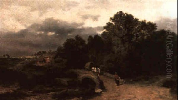 Landscape With Bridge, Horse And Card (onllwyn, Brecon Beacons?) Oil Painting by James Peel