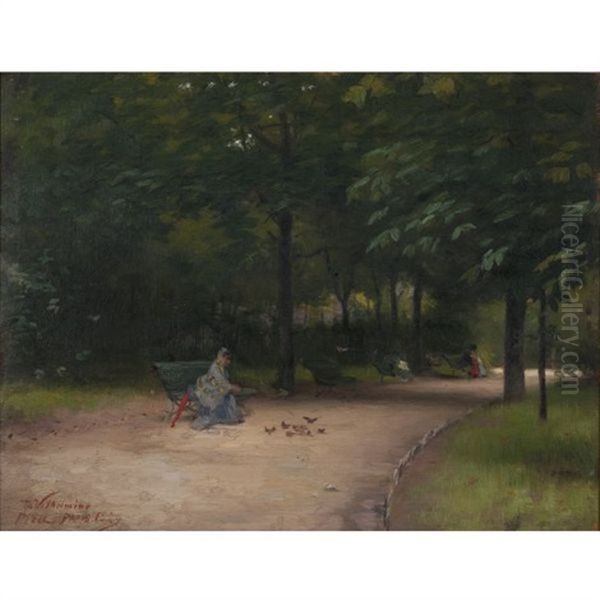 Feeding Birds In The Park (+ Untitled (unfinished Landscape), Verso) Oil Painting by Paul Peel