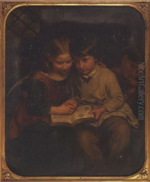 Children Reading Oil Painting by John Thomas Peele
