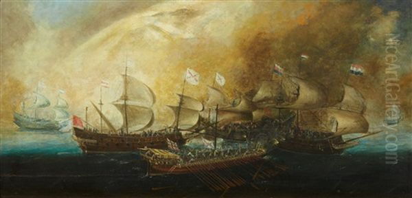 A Naval Battle Oil Painting by Bonaventura Peeters the Elder