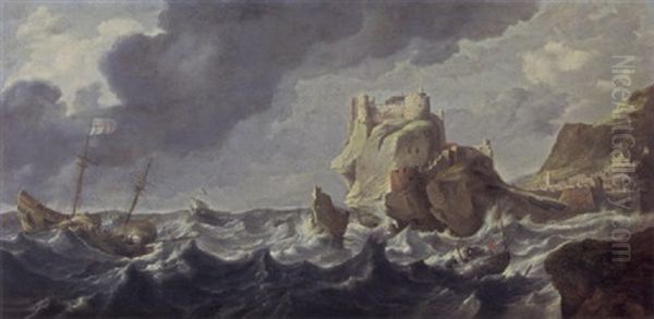 A Mediterranean Harbour Entrance With Shipping On Rough Seas And A Shipwrecking In The Foreground, A Castle And A Town In The Background Oil Painting by Bonaventura Peeters the Elder