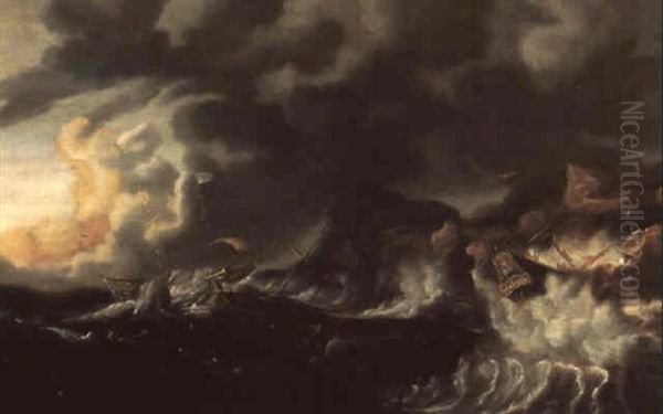 Des Bateaux Dans Une Tempete Pres De Rochers Oil Painting by Bonaventura Peeters the Elder