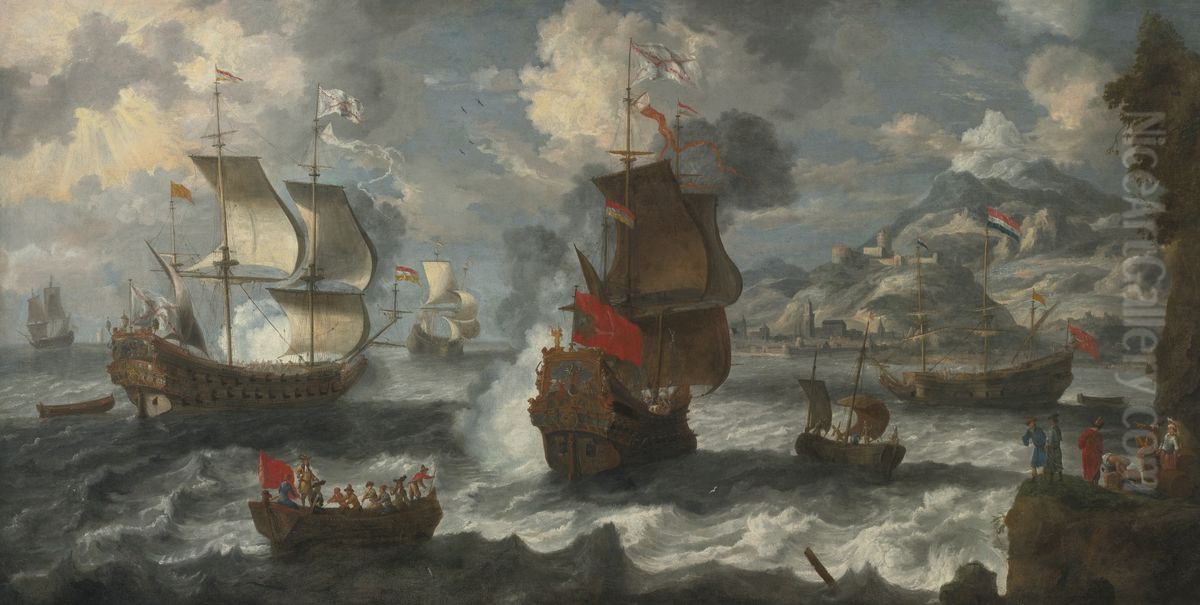 Shipping Off The Coast Near A Mediterranean Town Oil Painting by Jan Peeters the Elder