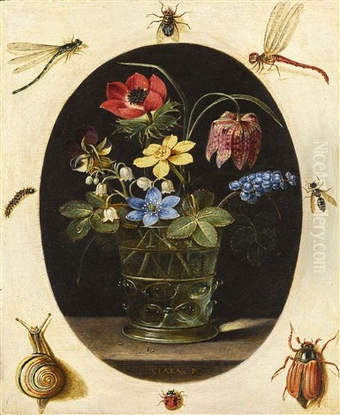 Still Life With Flowers In A Glass Vase Surrounded By Insects And A Snail Oil Painting by Clara Peeters