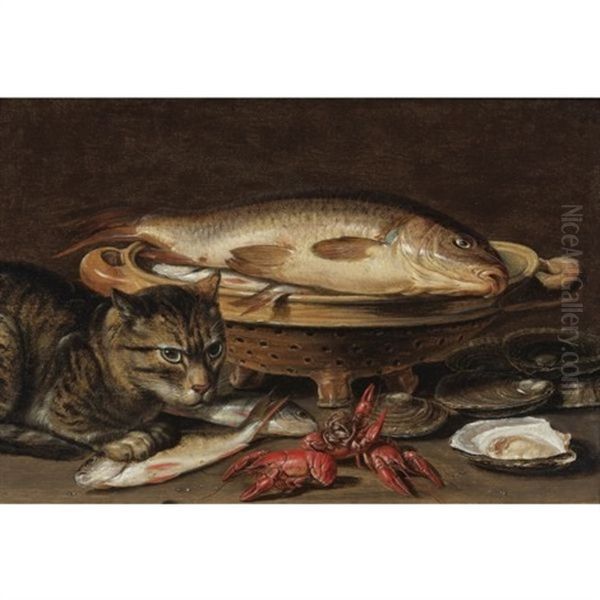 A Still Life With Fish In A Ceramic Collander, Oysters, Langoustines, Mackerel And A Cat On The Ledge Beneath Oil Painting by Clara Peeters