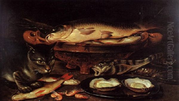 Nature Morte A La Carpe, Au Chat, A La Perche Et Aux Fruits De Mer Oil Painting by Clara Peeters