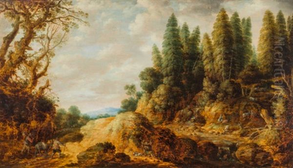 Baumreiche Landschaft Mit Wanderern, Maultier Und Ziegen Oil Painting by Gillis Egidius I Peeters