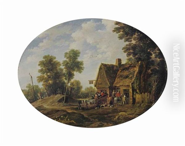 A Wooded Landscape With Travellers Halting By An Inn Oil Painting by Gillis Egidius I Peeters