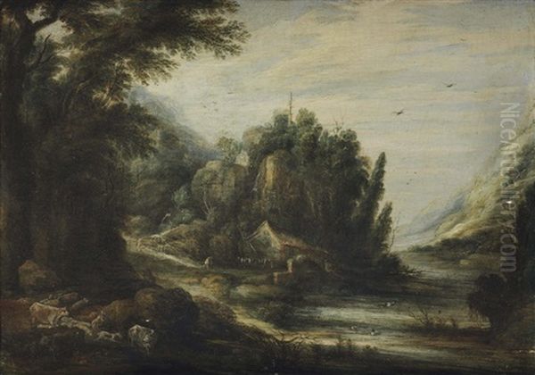 A Mountanous River Landscape With Cattle, A Farm House And Travellers Beyond Oil Painting by Gillis Egidius I Peeters