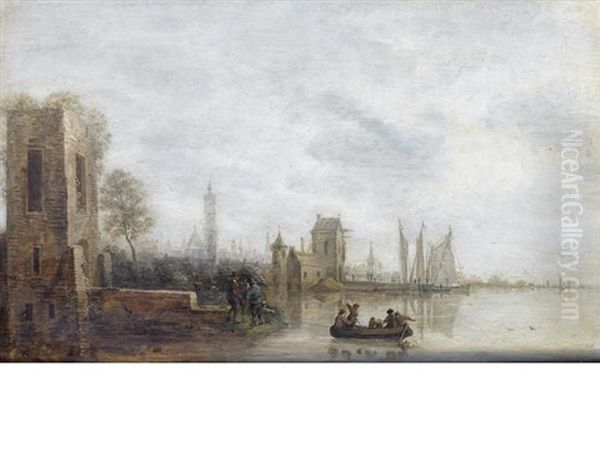 Figures In A Ferry Approaching A Harbour Oil Painting by Gillis Egidius I Peeters