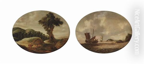 A Hilly Landscape With Travellers Resting On A Track; A Coastal Landscape With A Small Ship And A Man-o-war On Choppy Waters (pair) Oil Painting by Gillis Egidius I Peeters