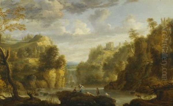 Mountain Landscape With A Waterfall And A Capriccio View Of The Forums And Temple Of Vesta At Tivoli Oil Painting by Gillis Egidius I Peeters