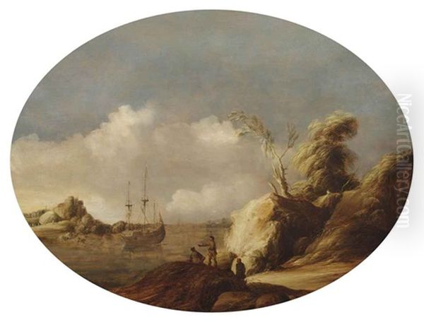 A Coastal Landscape With A Three-master At Anchor, Figures Conversing In The Foreground And A Town Beyond Oil Painting by Gillis Egidius I Peeters