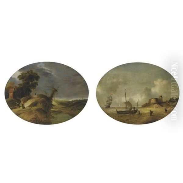 Dune Landscape With Travellers On A Path (+ Fishermen Unloading Their Catch On The Shore, Near A Stronghold, Shipping Beyond; Pair) Oil Painting by Gillis Egidius I Peeters