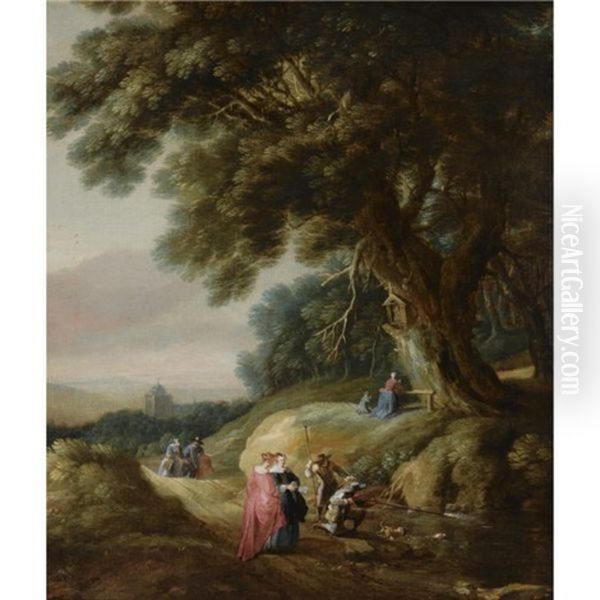 A Wooded Landscape With Elegant Travellers And Huntsmen On A Path, With A Woman And A Child Praying At A Shrine Oil Painting by Gillis Egidius I Peeters