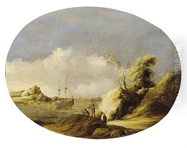 A Coastal Landscape With A Sailing Vessel At Anchor And Figures In The Foreground Oil Painting by Gillis Egidius I Peeters