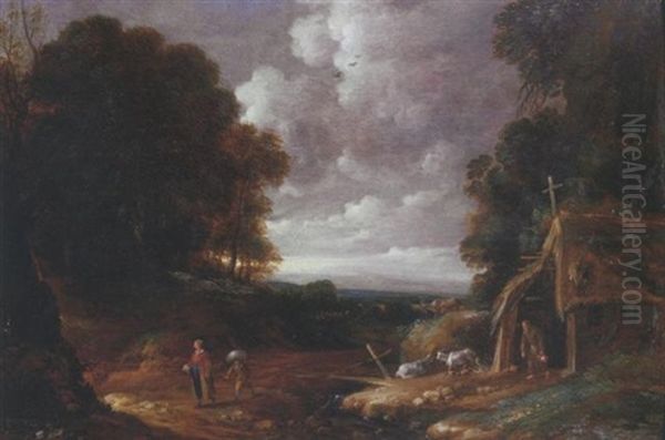 An Extensive Wooded Landscape With Travellers And A Hermit Oil Painting by Gillis Egidius I Peeters