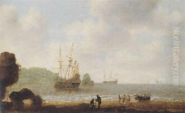 A Tropical Coastal Scene With A Rowing Boat Coming Ashore On A Beach, Other Shipping Vessels Beyond Oil Painting by Gillis Egidius I Peeters