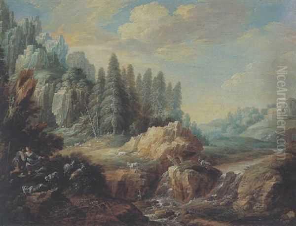Bewaldete Gebirgslandschaft Mit Einem Sturzbach, Einem Hirtenpaar Und Ziegen Oil Painting by Gillis Egidius I Peeters